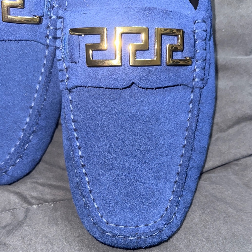 Versace Blue and Gold Loafers with Decorative Hardware - Picture 5 of 6